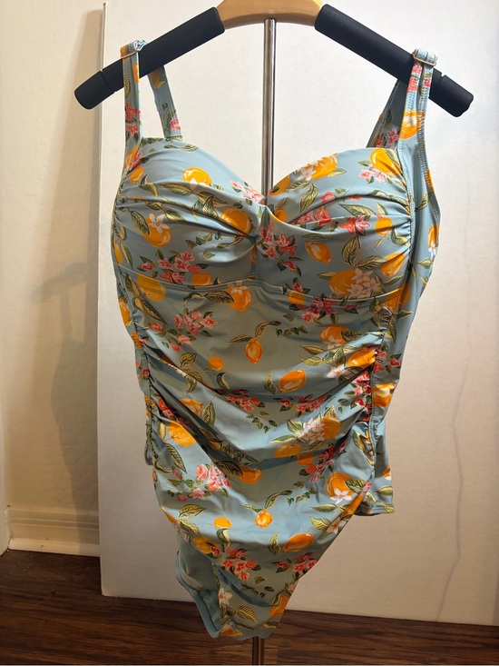 LaScultpe Other - Ruched Citrus Floral One-Piece Swimsuit in Light Blue